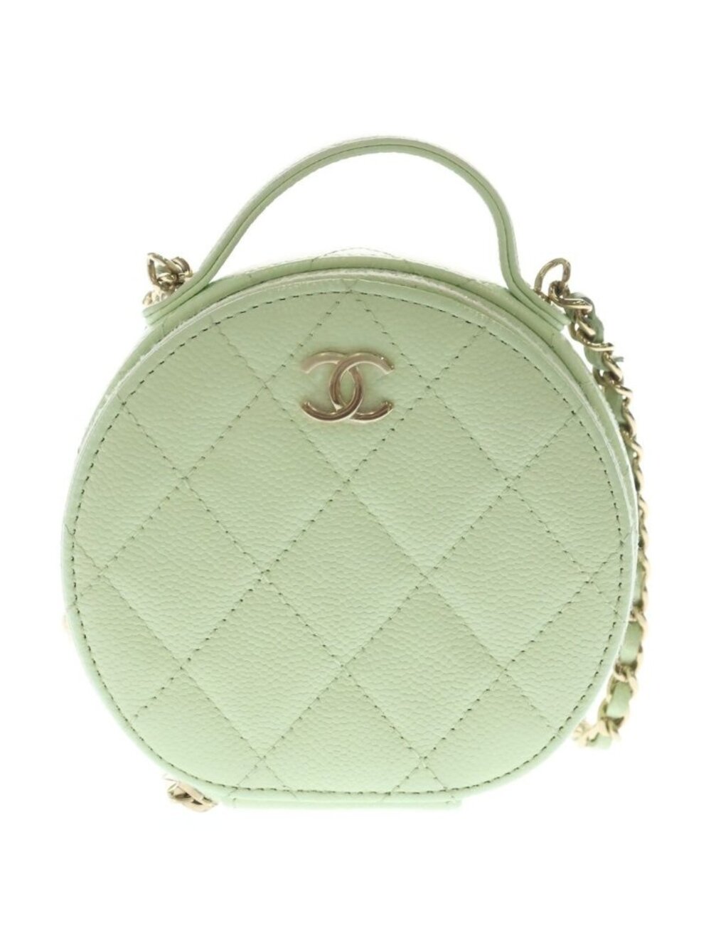 Chanel Mini Round Quilted Chain Shoulder Bag Vanity Lime Green Caviar Leather